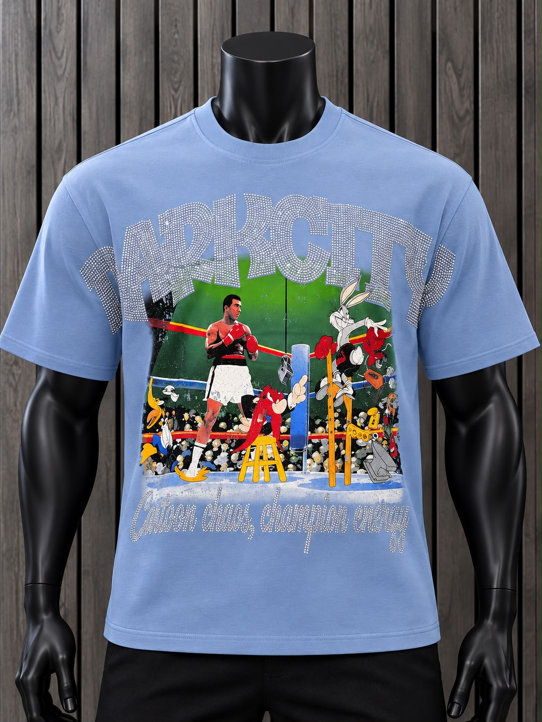 Playera Hombre DarkCity Azul con Estampado de Boxeo