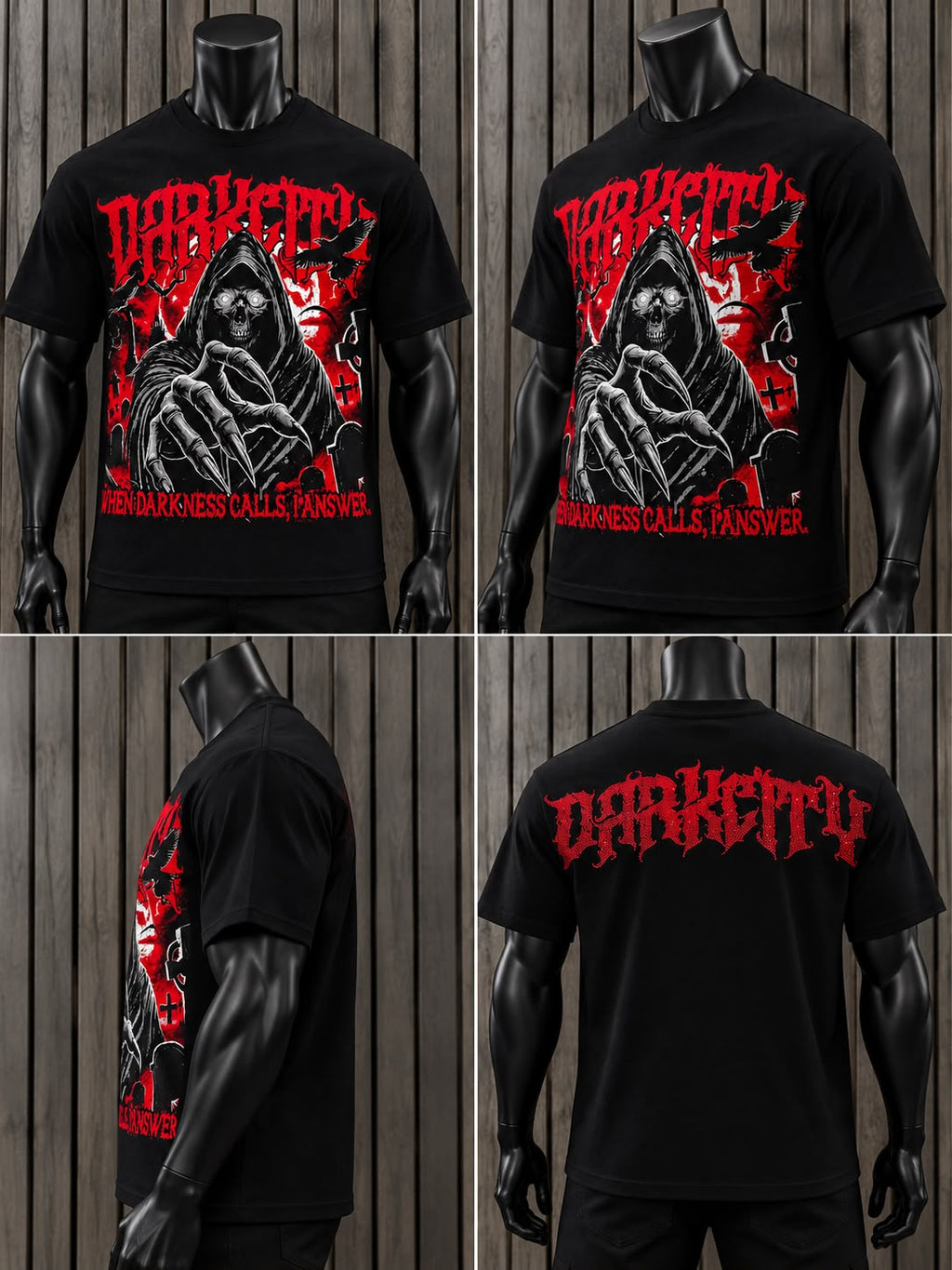 Playera Hombre DarkCity Negra con Estampado Gótico de Calavera
