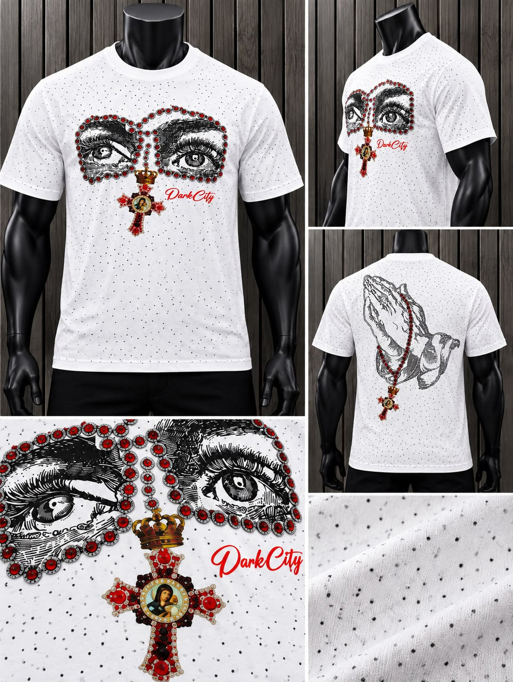 Playera Hombre DarkCity Blanca con Estampado de Ojos y Cruz