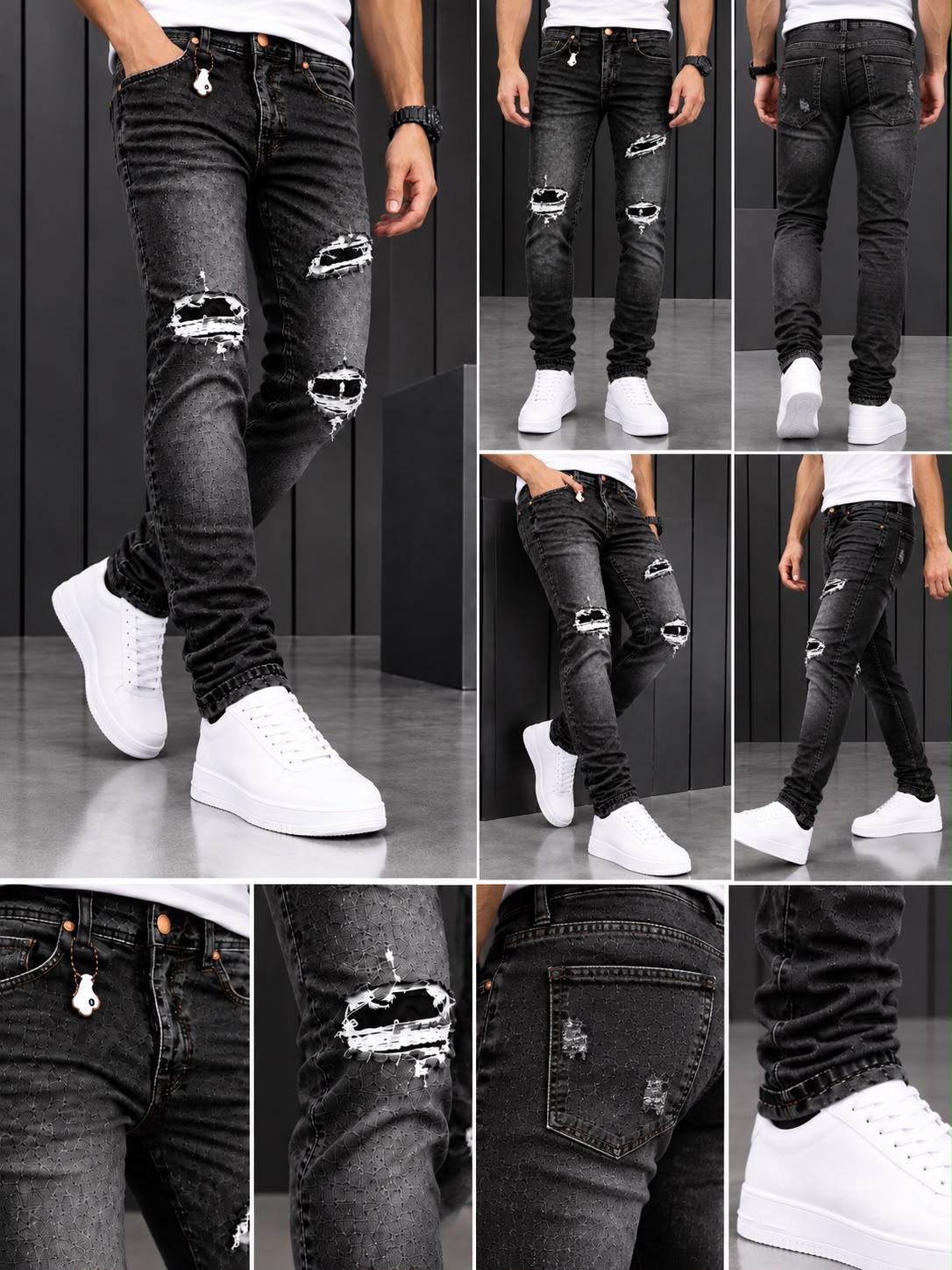 Jeans Beta Brand; Negro Skinny Distressed con Diseño Texturizado