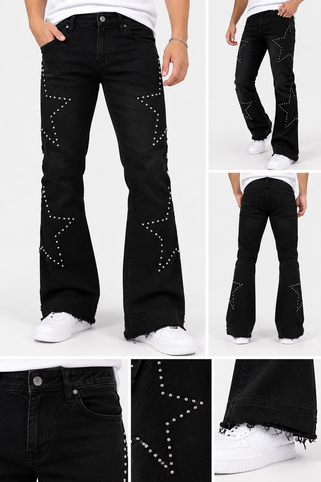 Jeans Wimea; Negro Wide Leg con Detalles de Estoperoles