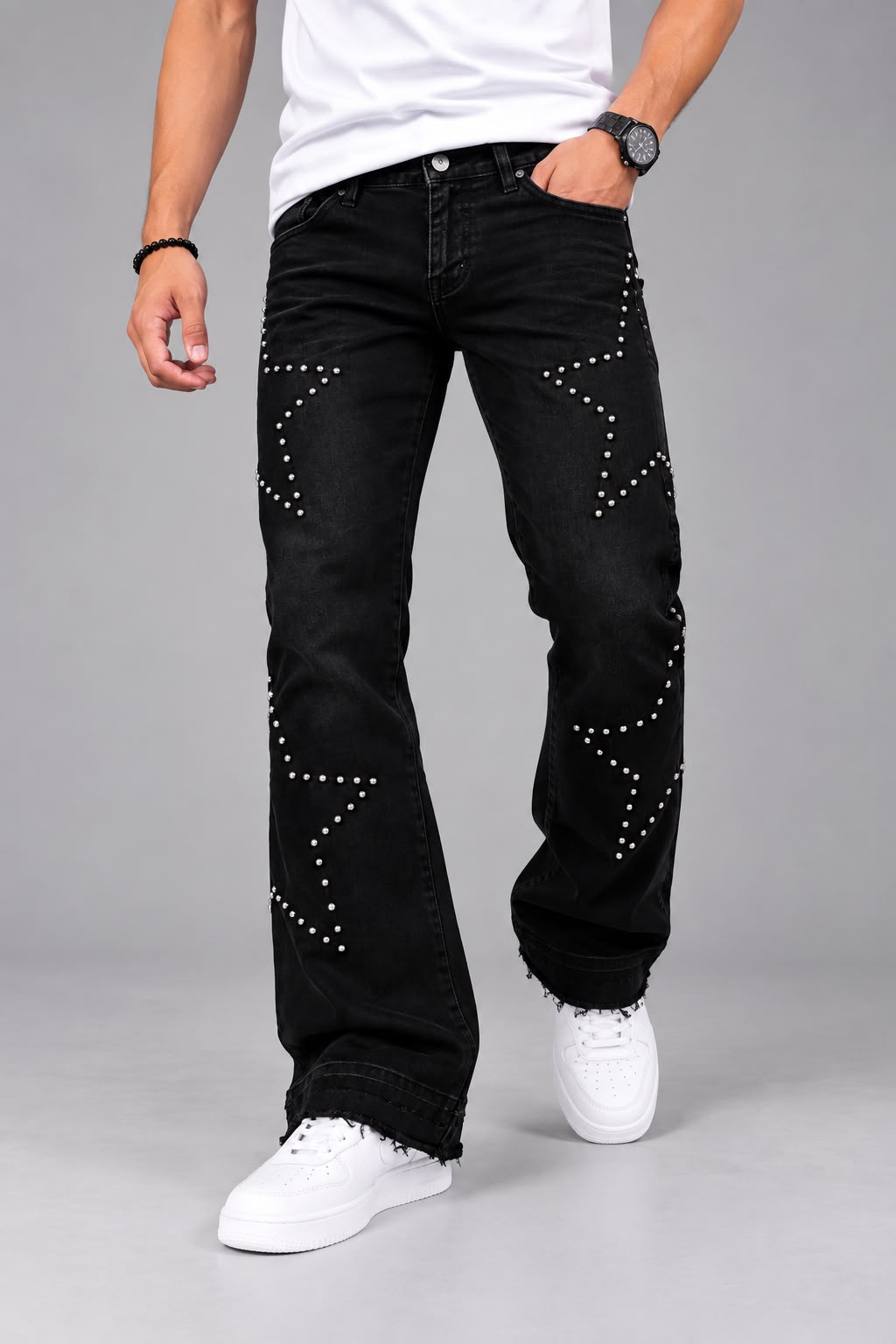 Jeans Wimea; Negro Wide Leg con Detalles de Estoperoles