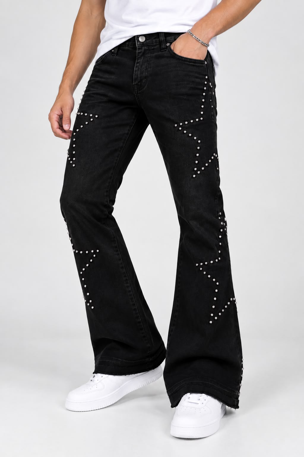 Jeans Wimea; Negro Wide Leg con Detalles de Estoperoles