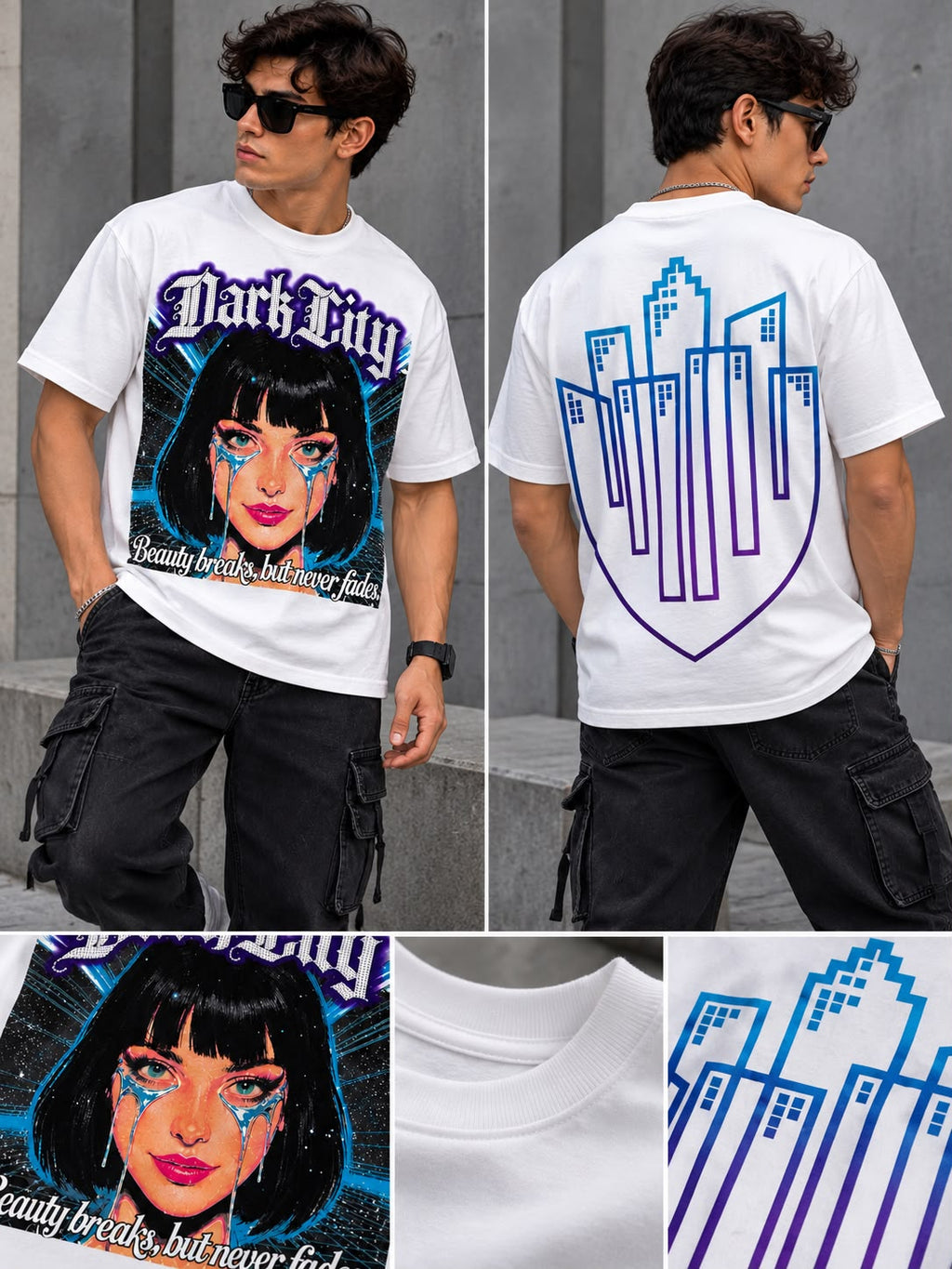 Playera Blanca Dark City – Estampado Gráfico Urbano