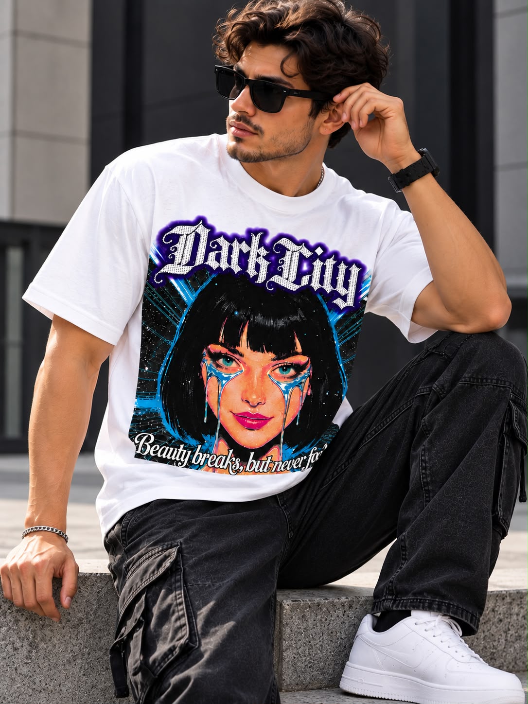 Playera Blanca Dark City – Estampado Gráfico Urbano