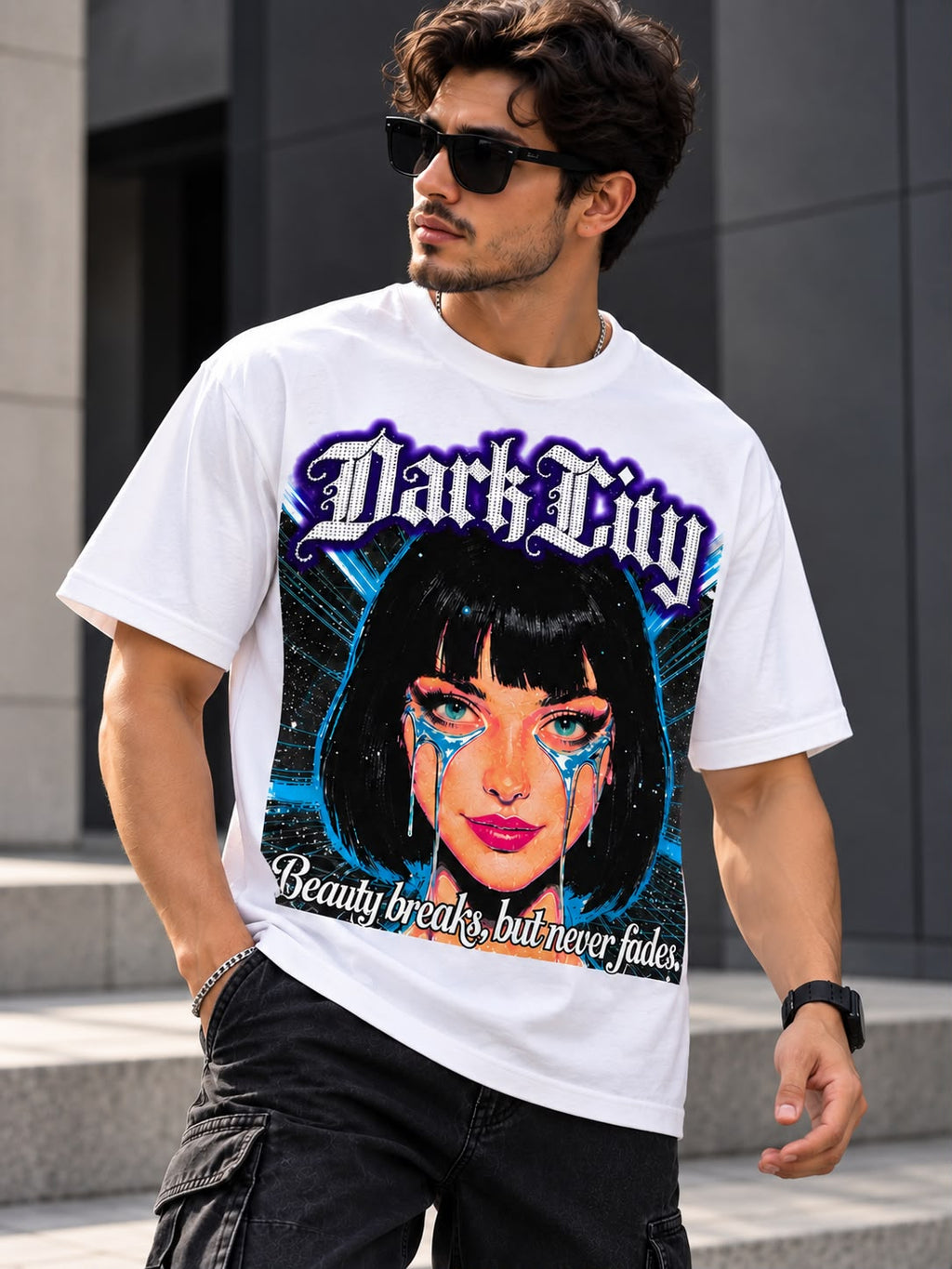 Playera Blanca Dark City – Estampado Gráfico Urbano