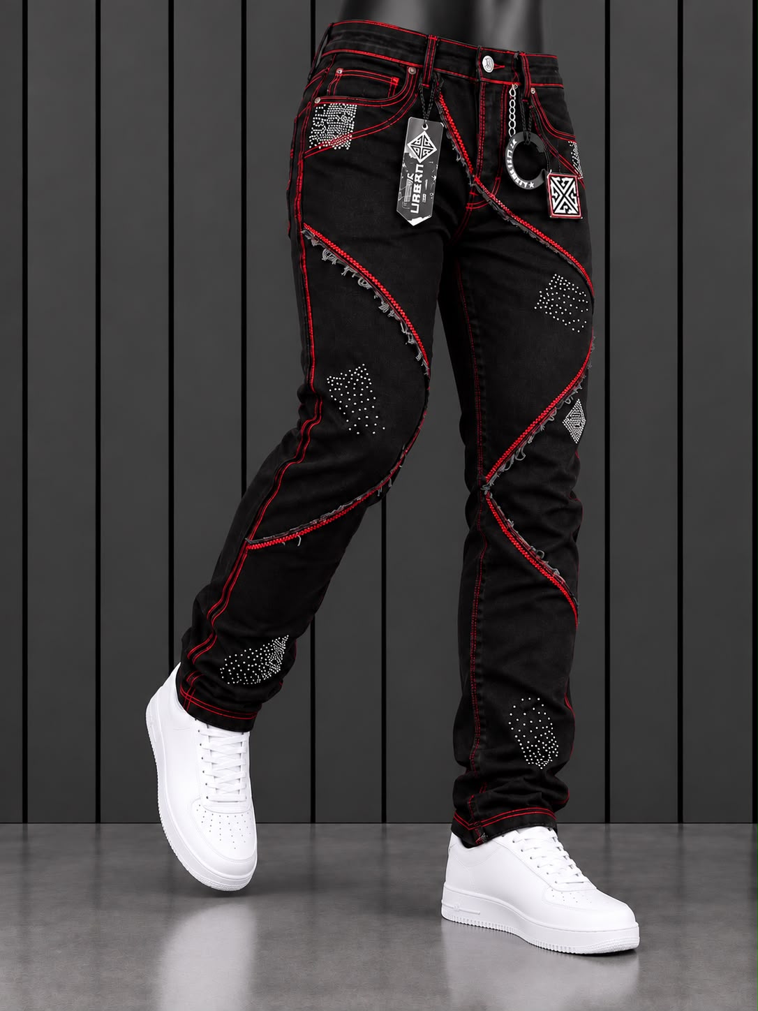 Pantalón CJ URBAN Negro con Detalles Rojos y Aplicaciones Urbanas