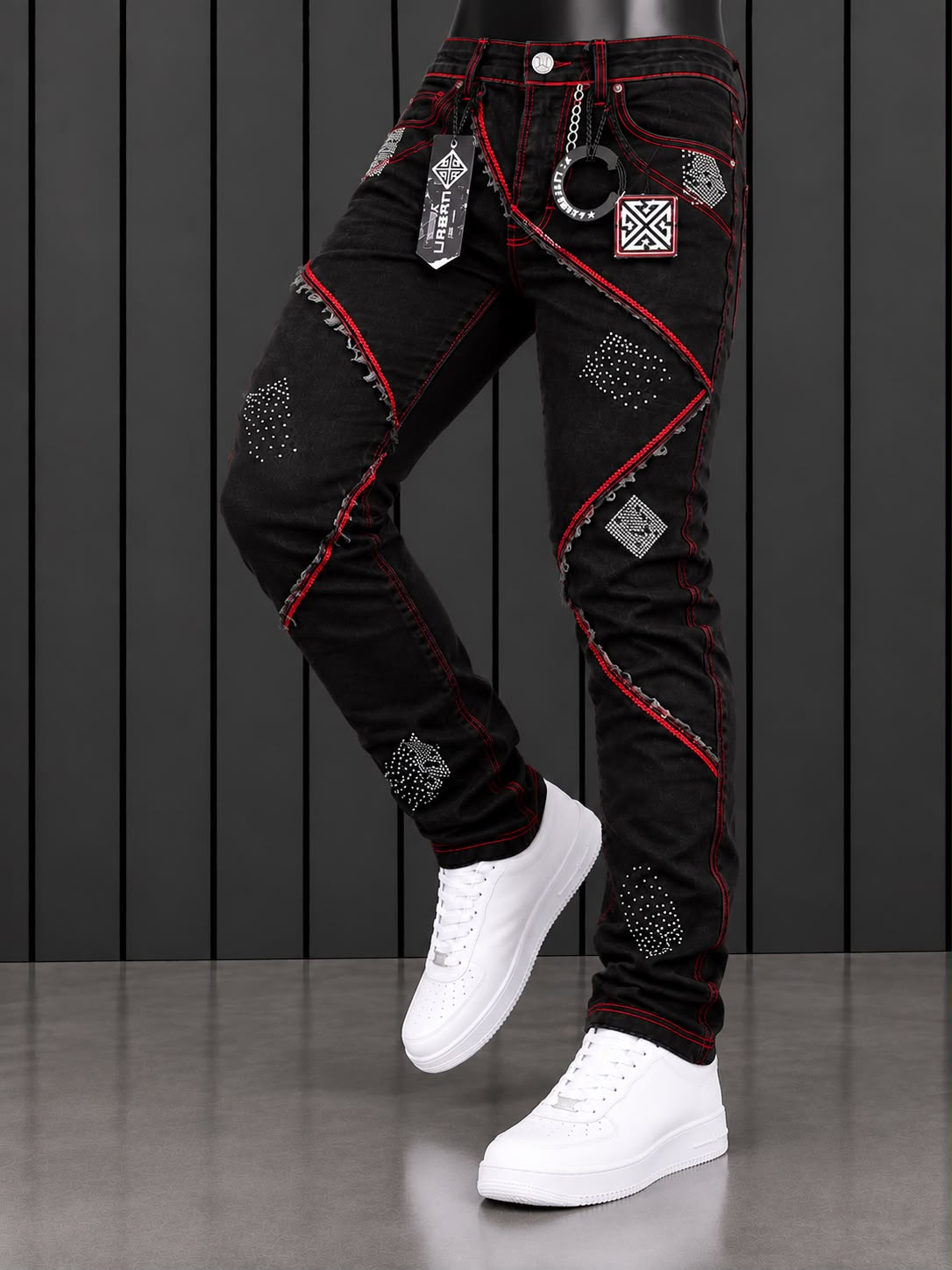 Pantalón CJ URBAN Negro con Detalles Rojos y Aplicaciones Urbanas