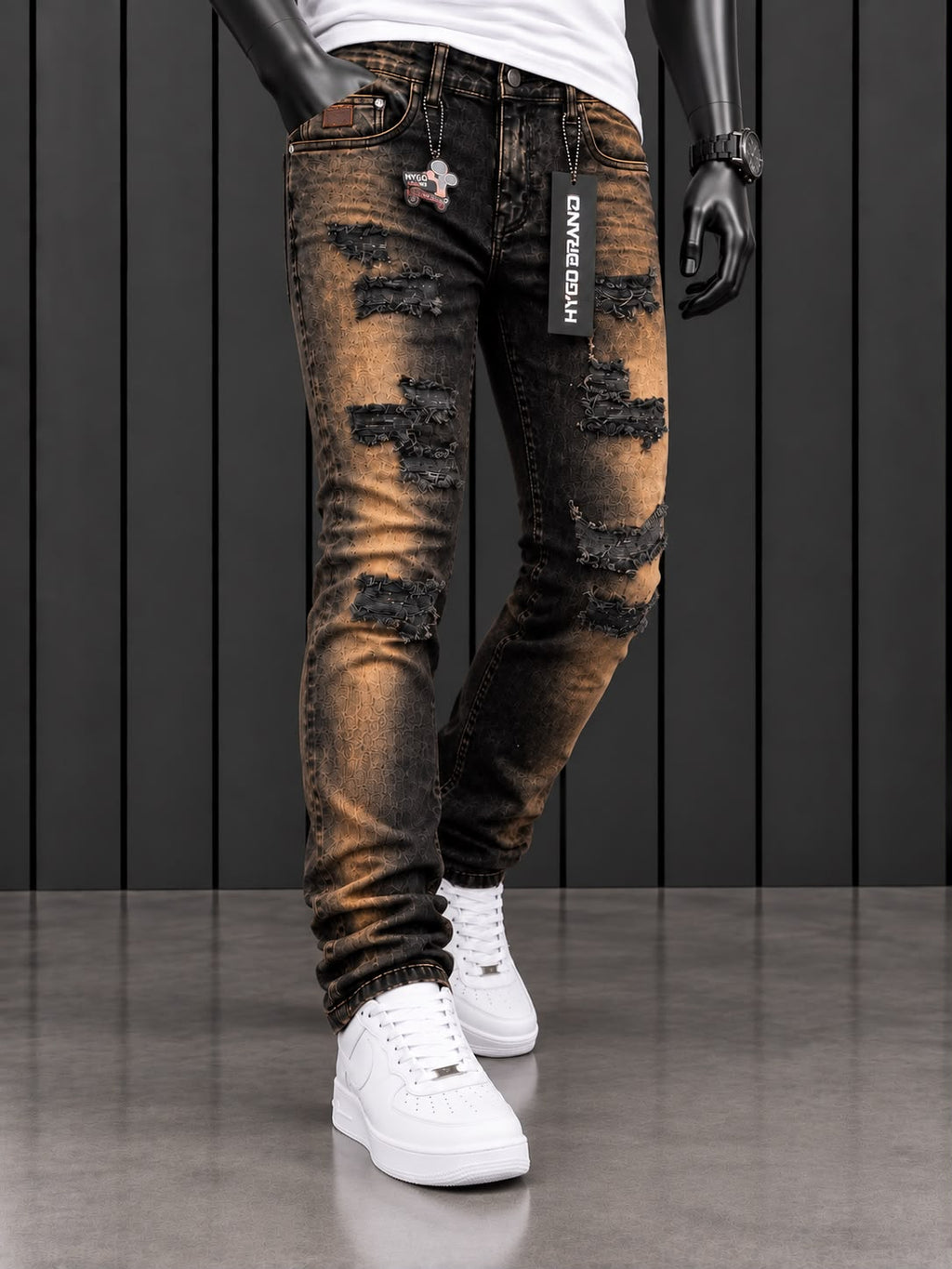 Pantalón Hygo Brand; Negro, Diseño Vintage Desgastado