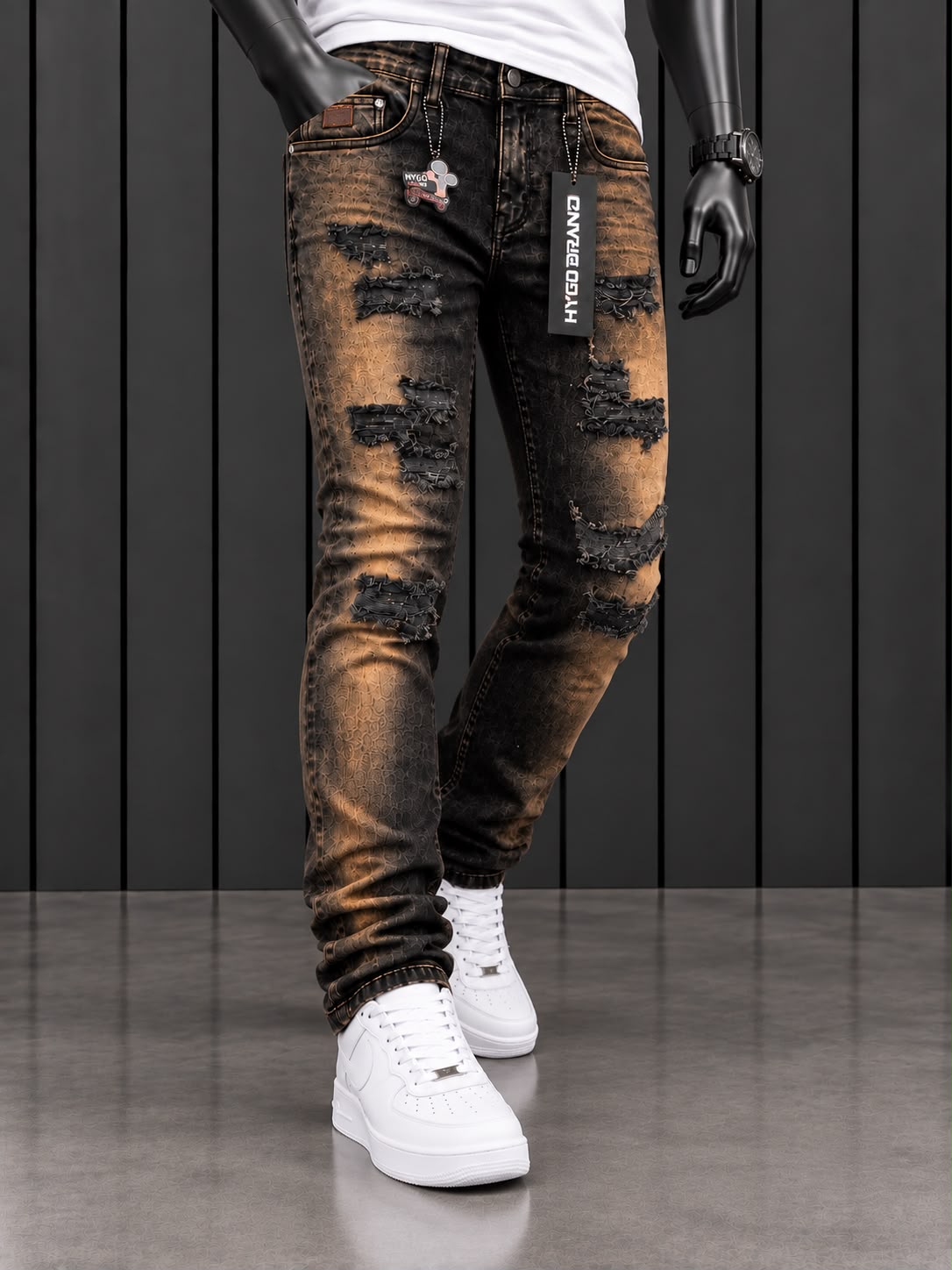 Pantalón Hygo Brand; Negro, Diseño Vintage Desgastado