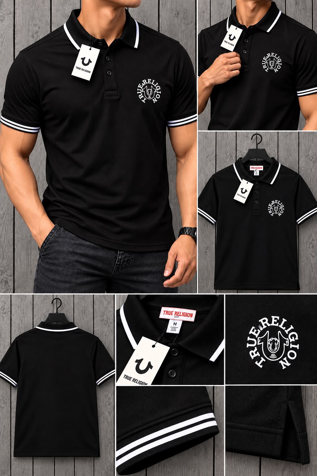 Playera Polo True Religion Negra con Detalles Blancos