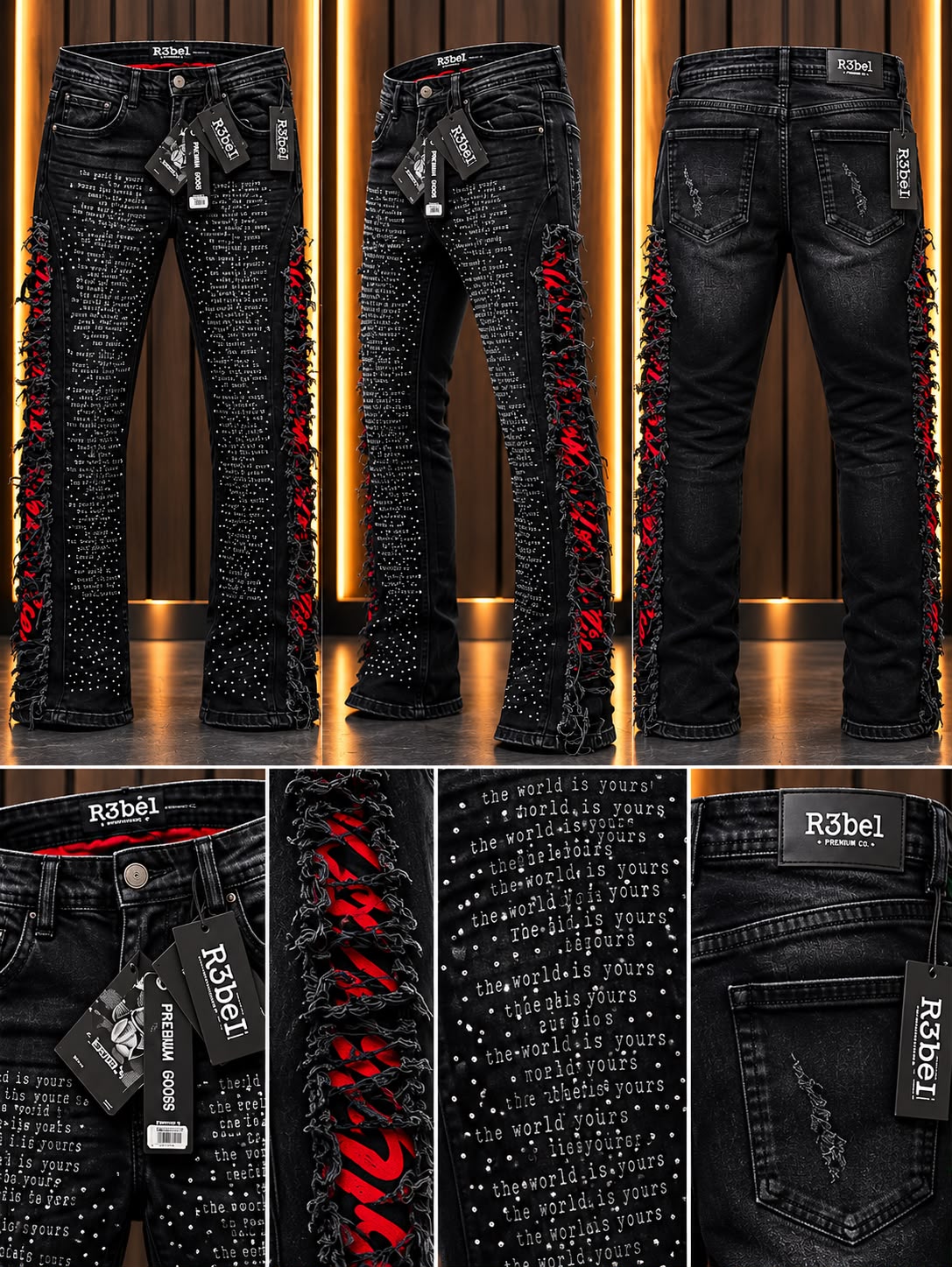 Jeans R3bel Premium Goods Negros con Detalles Rojos