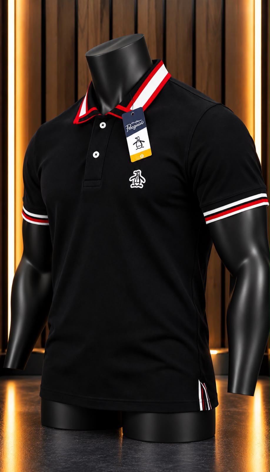 Playera Polo Original Penguin Negra con Detalles Rojos