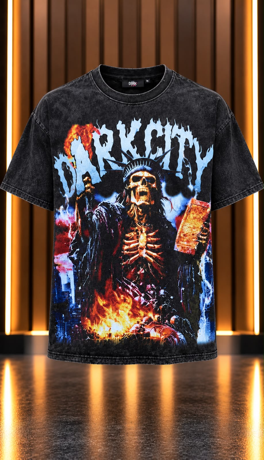 Playera Dark City Global Negra Acid Wash
