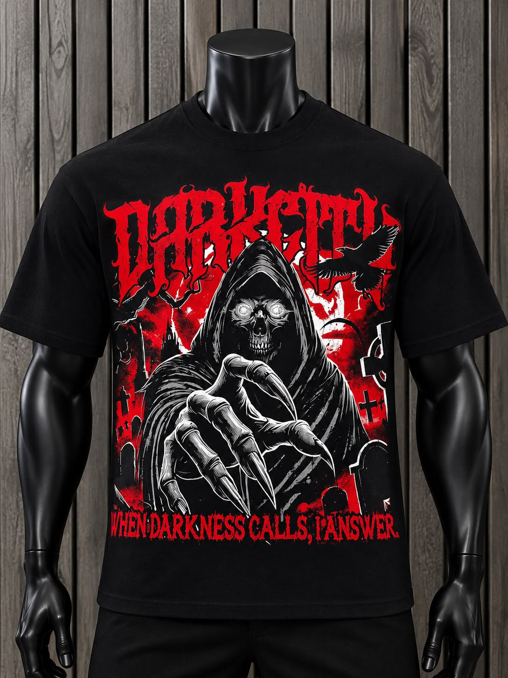 Playera Hombre DarkCity Negra con Estampado Gótico de Calavera