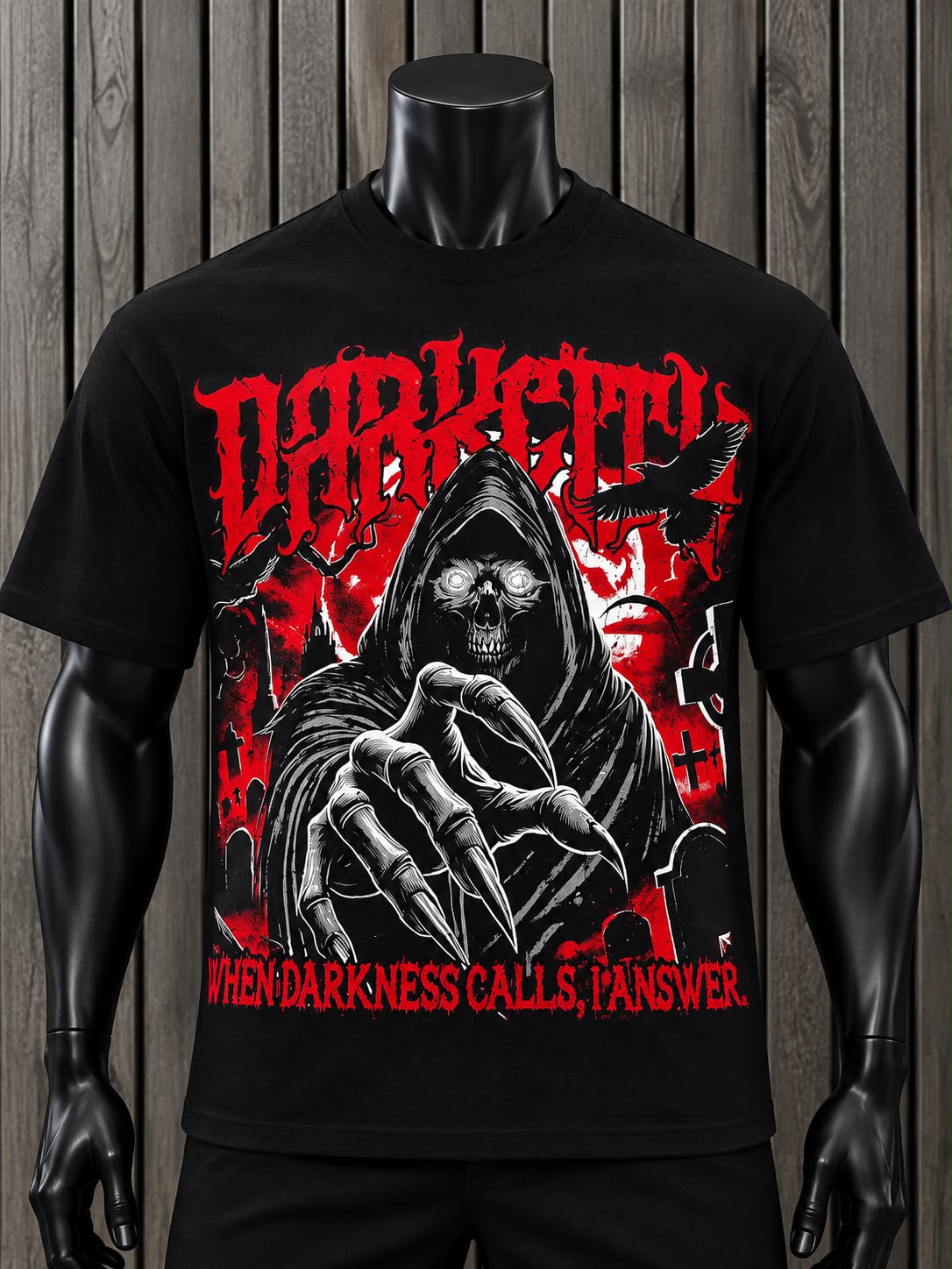 Playera Hombre DarkCity Negra con Estampado Gótico de Calavera