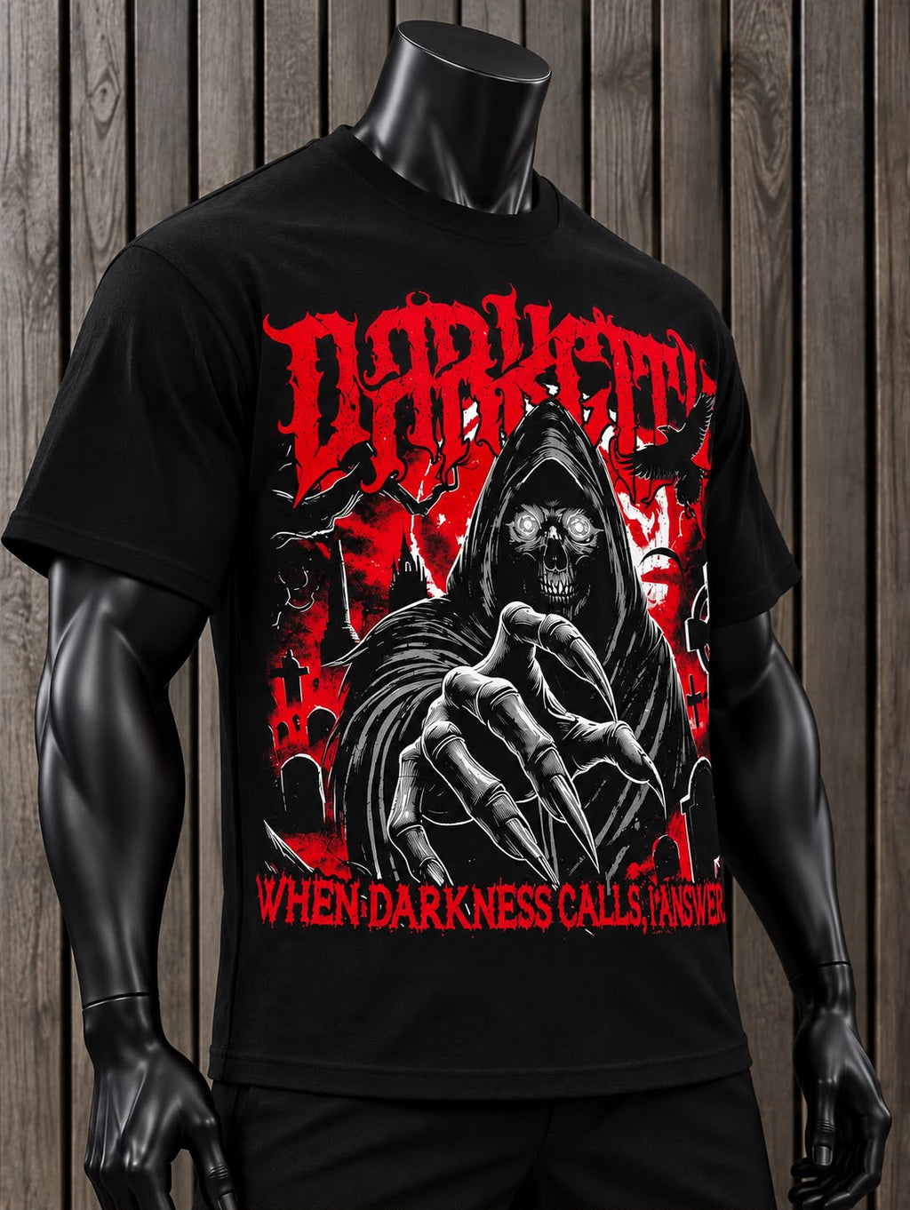 Playera Hombre DarkCity Negra con Estampado Gótico de Calavera