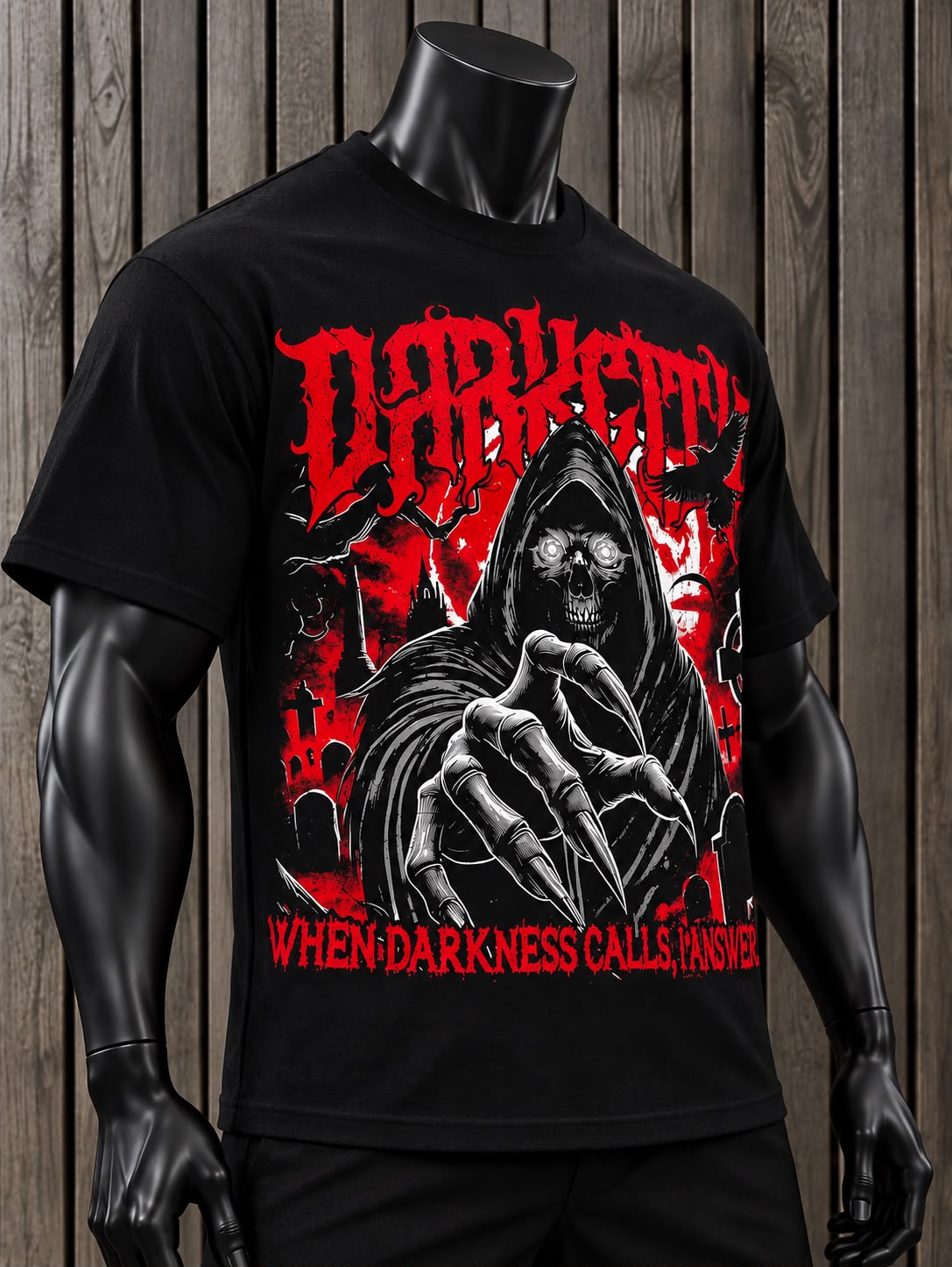 Playera Hombre DarkCity Negra con Estampado Gótico de Calavera