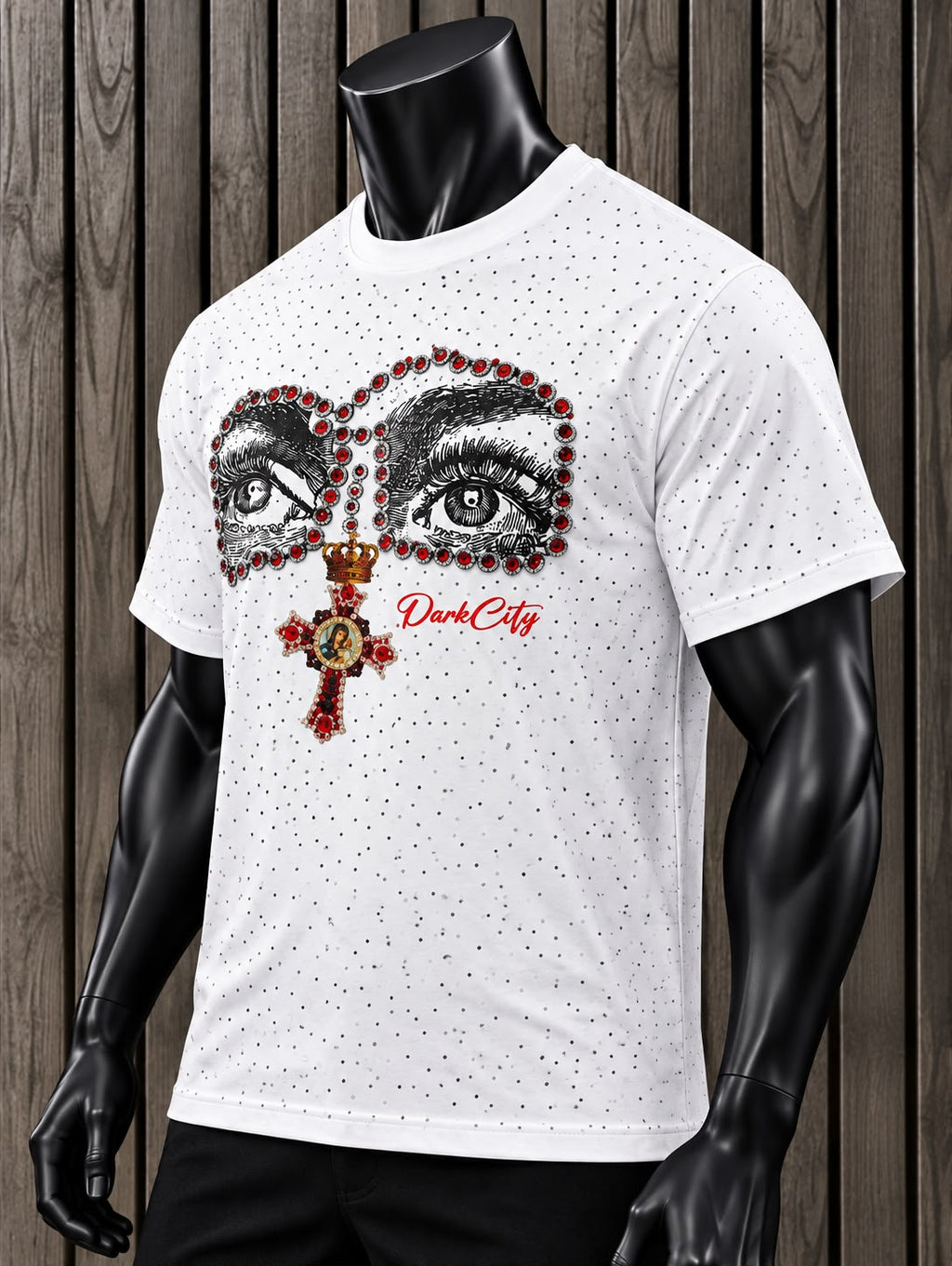 Playera Hombre DarkCity Blanca con Estampado de Ojos y Cruz