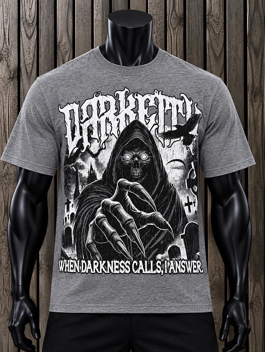 Playera Hombre DarkCity Gris con Estampado Gótico